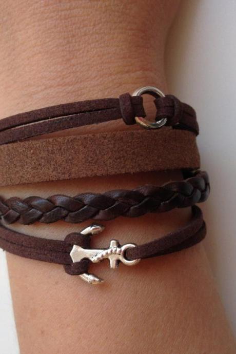 Anchor leather Bracelet 3 - friendship cuff anchor bracelet brown leather braid gift adjustable current womenswear unique innovative