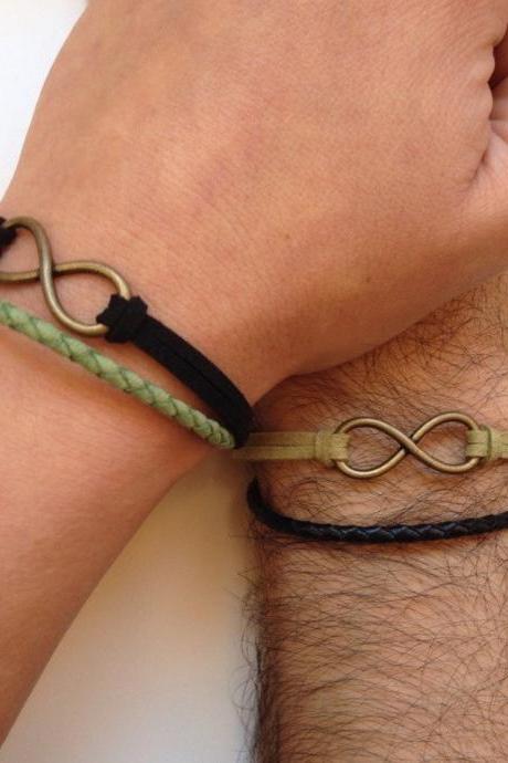 Couples Bracelets 187- Men Women Bracelets - friendship love cuff infinity yin and yang bracelet leather braid gift adjustable long distance relationship matching