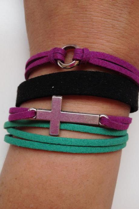 Cross Leather suede Bracelet 9 - faith friendship rock cuff cross bracelet black green purple gift adjustable current womenswear unique