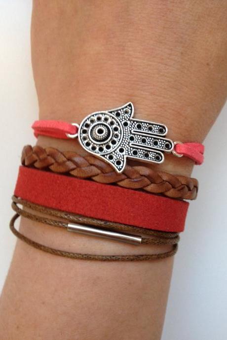 Leather Bracelet 36 - Faith Good Luck Cuff Hamsa Bracelet Leather Braid Red Brown Gift Adjustable Current Womenswear Unique Innovative