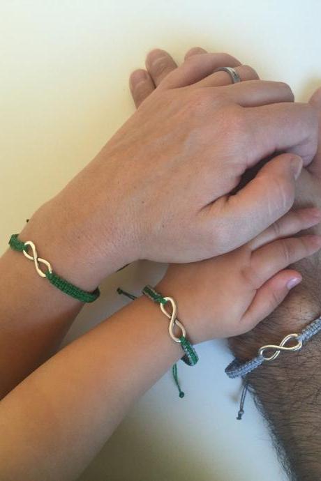 Family Bracelets 294- Family Infinity Charm Bracelet Macrame Gift Adjustable Green Grey Love Friendship