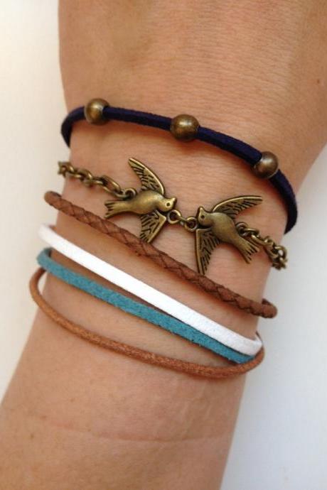 Valentines Bracelet 141- in love birds friendship genuine leather braid metal chain cuff bracelet trendy gift adjustable
