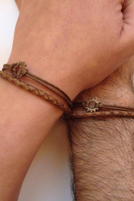 Couples Bracelets 184- friendship love cuff steampunk bronze gear charm bracelet leather braid gift adjustable current trendy innovative
