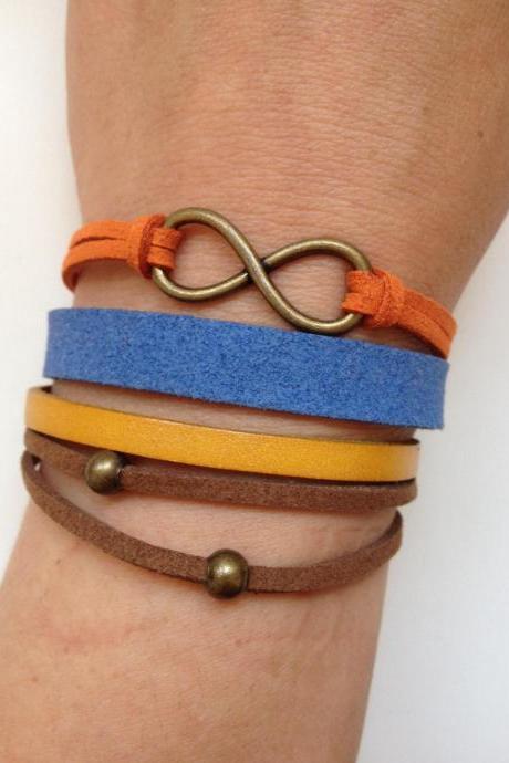 Infinity Bracelet 113 - Infinity Charm Blue Orange Brown Balls Friendship Bracelet Faith Cuff Painted Leather Gift Adjustable Current Wome