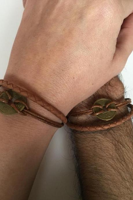 Couples Bracelets 215- friendship love cuff bronze Chinese charm bracelet leather braid gift adjustable current trendy innovative