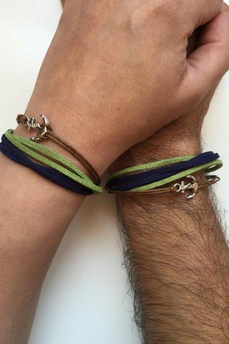 Couples Men Women Bracelets 220- friendship love cuff anchor charm bracelet green blue navy faux suede gift adjustable trendy