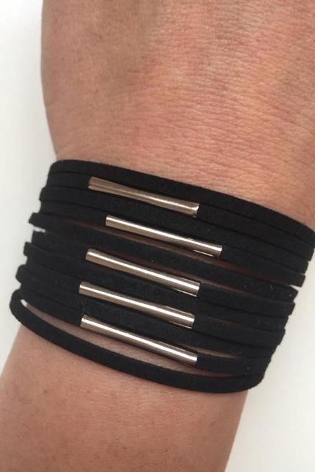 Faux suede Bracelet 193- friendship black faux suede cuff bracelet metal tube gift adjustable current womenswear unique