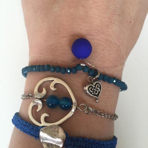 Pack Bracelet 303 -blue faith friendship heart sign macrame beads alloy silver metal chain