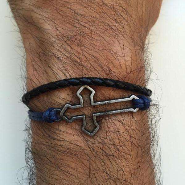 Cross Men Bracelet 223- leather braid black blue cross charm trendy friendship cuff bracelet gift adjustable current unique