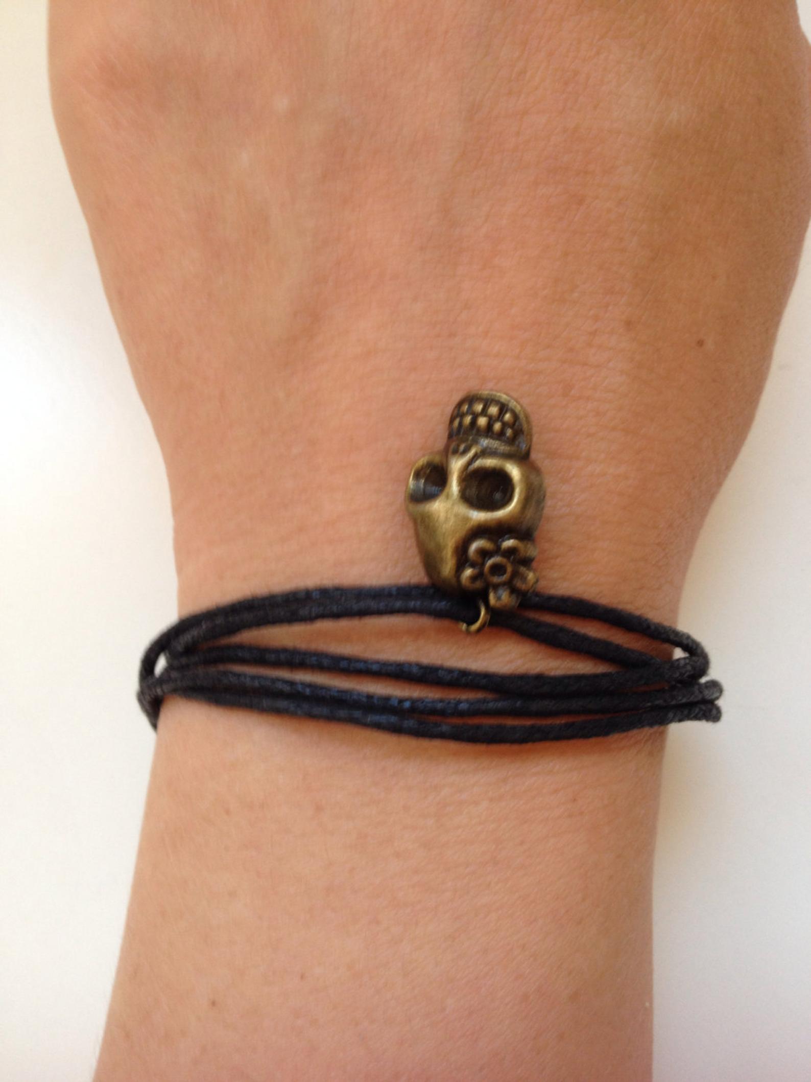 Waxed Cotton Bracelet 67 Rocker Friendship Waxed Cotton Cuff Bracelet Alloy Bronze Skull Gift